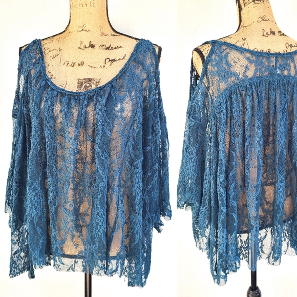 FREE PEOPLE teal lace Lost in Austin Swing Top - Picture 3 of 11